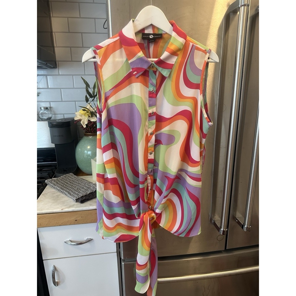 Ashley Stewart Psychedelic Swirl Tie Front Sleeveless Button Up SzXL Shirt Top